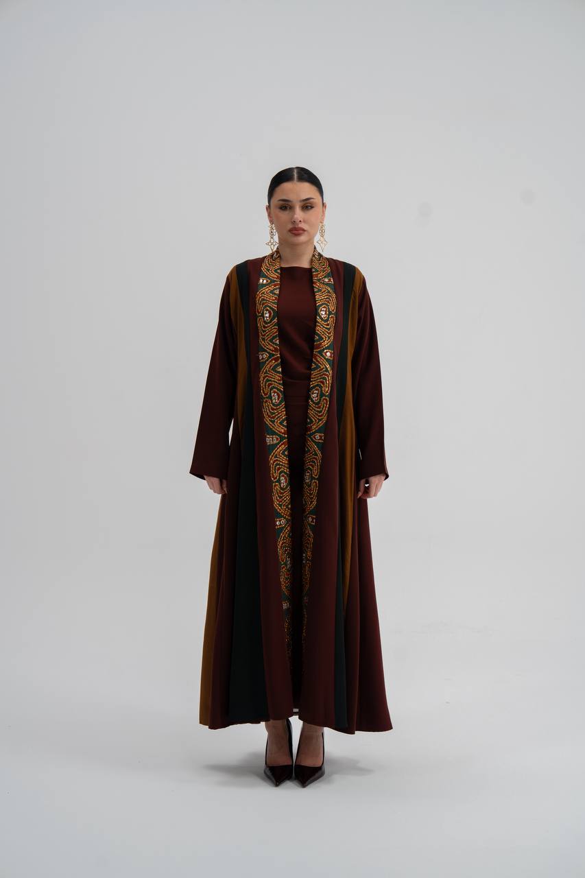 Crepe abaya with linen in brown and camel colors .C:6742