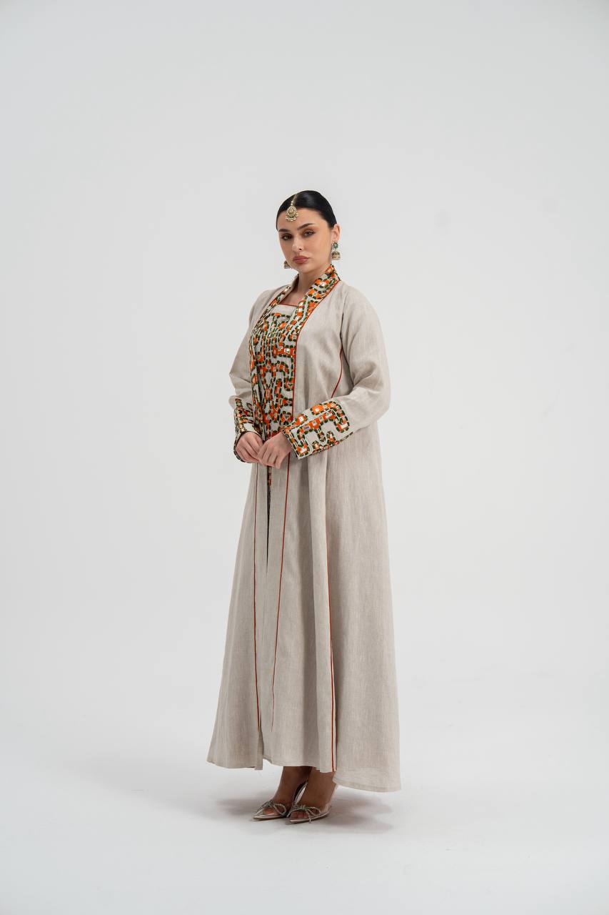 Abaya and dress set, light beige linen with embroidery. C:6743
