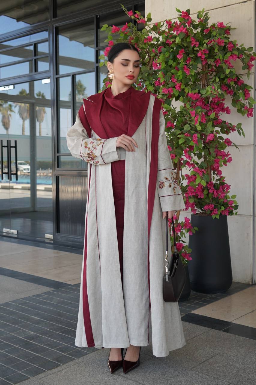 Beige linen blazer abaya with hand-stitched details .C:6755