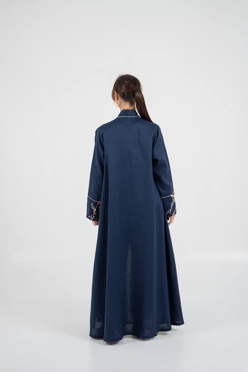Linen abaya in navy blue with embroidery. C:6760 Blue