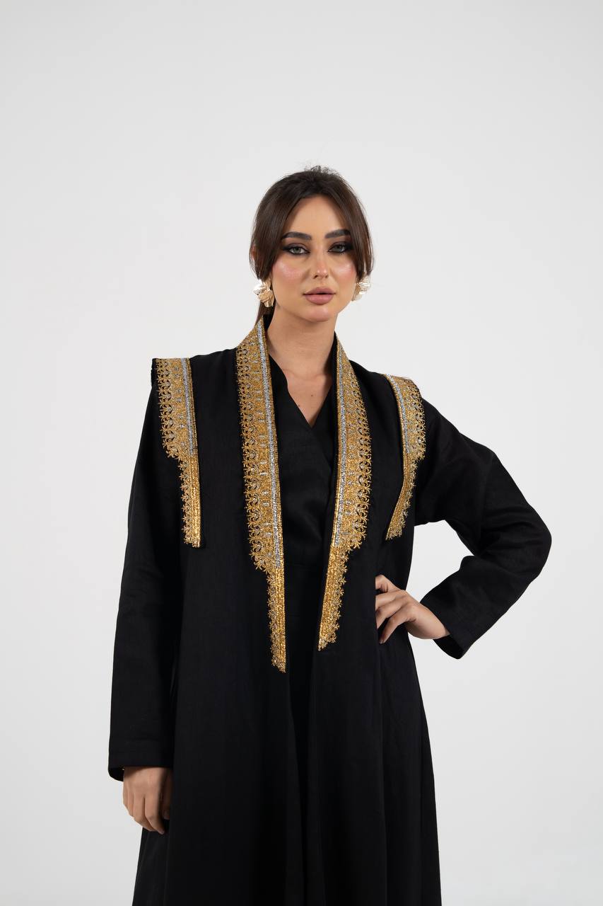 Linen abaya in black with embroidery. C:6762