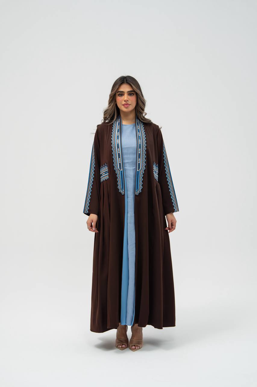 Brown crepe fabric abaya with embroidery. C: 6702 brown crepe