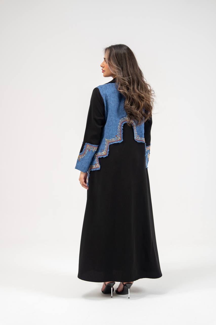 Black crepe blazer abaya with hand-stitched details. C:6771
