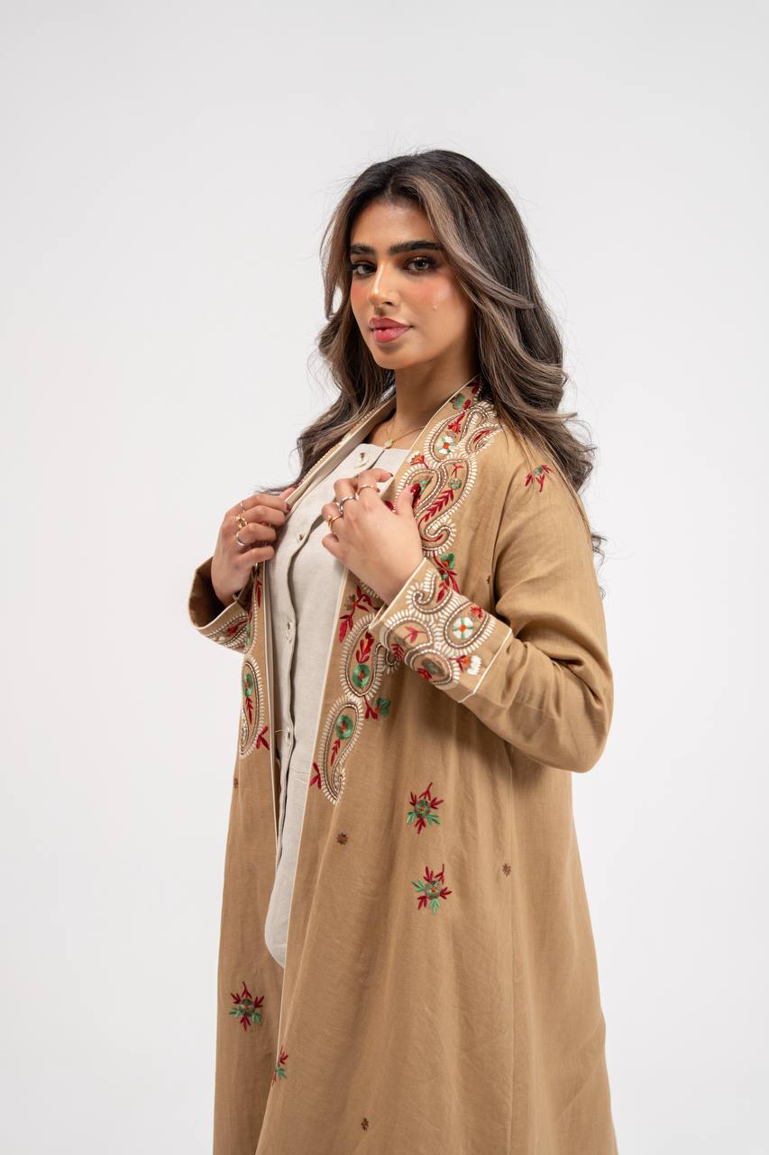 Beige linen abaya with embellishments. C:6772