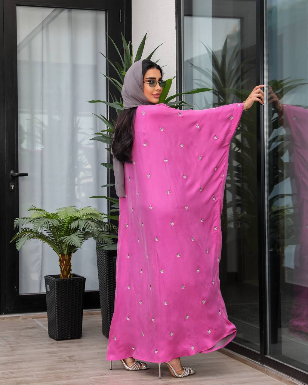 Pink silk crepe abaya with hand embroidery and beading. C:6387