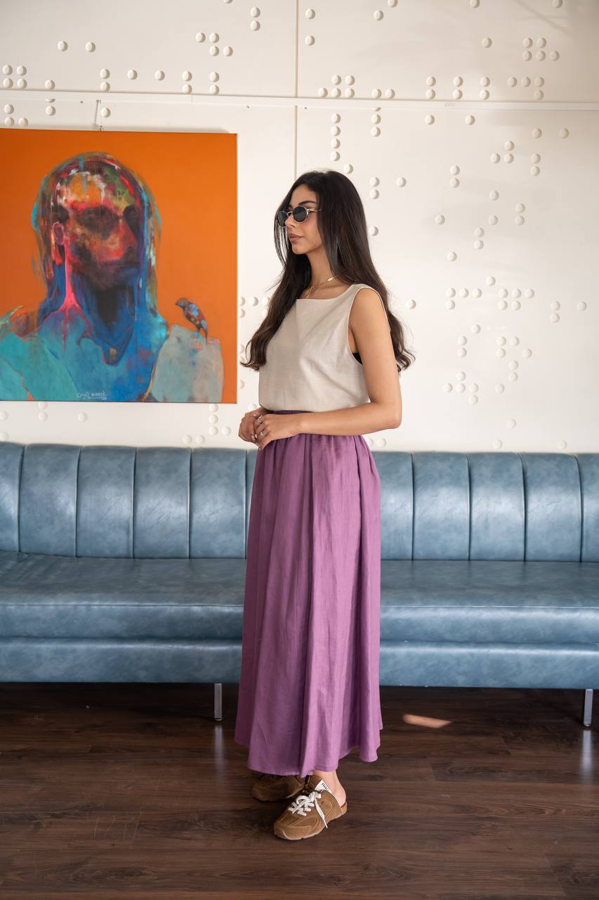 Beige blouse and purple skirt set in linen fabric. C: 236 bige. purple