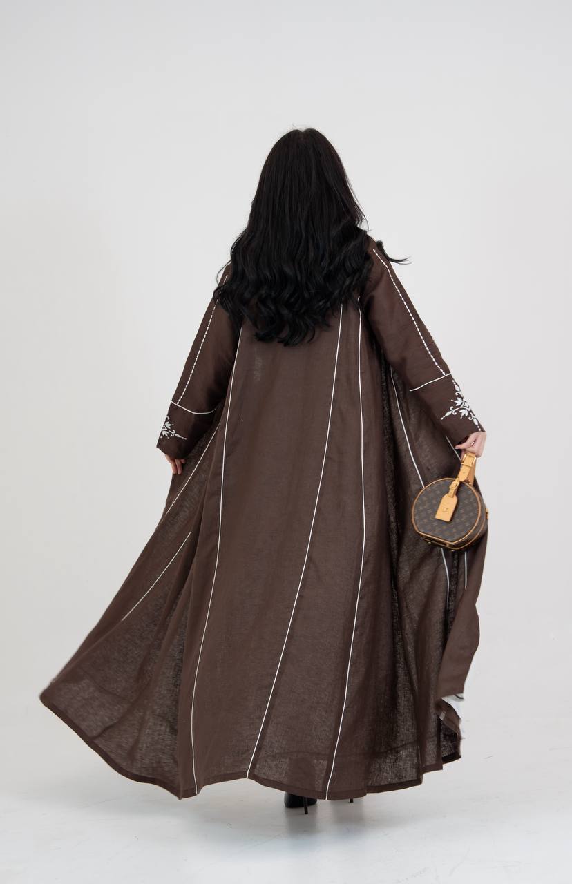 Linen abaya in brown with embroidery. C:6782
