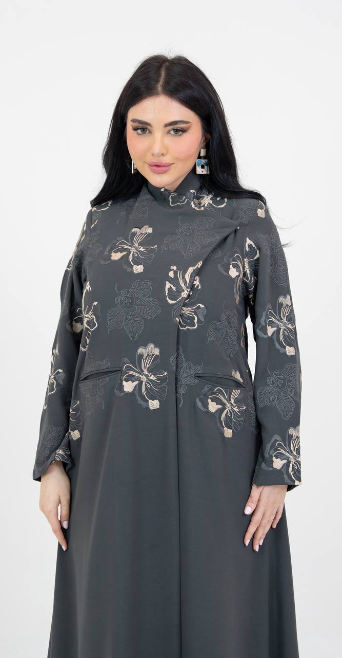 Crepe abaya in gray with embroidery. C:6765