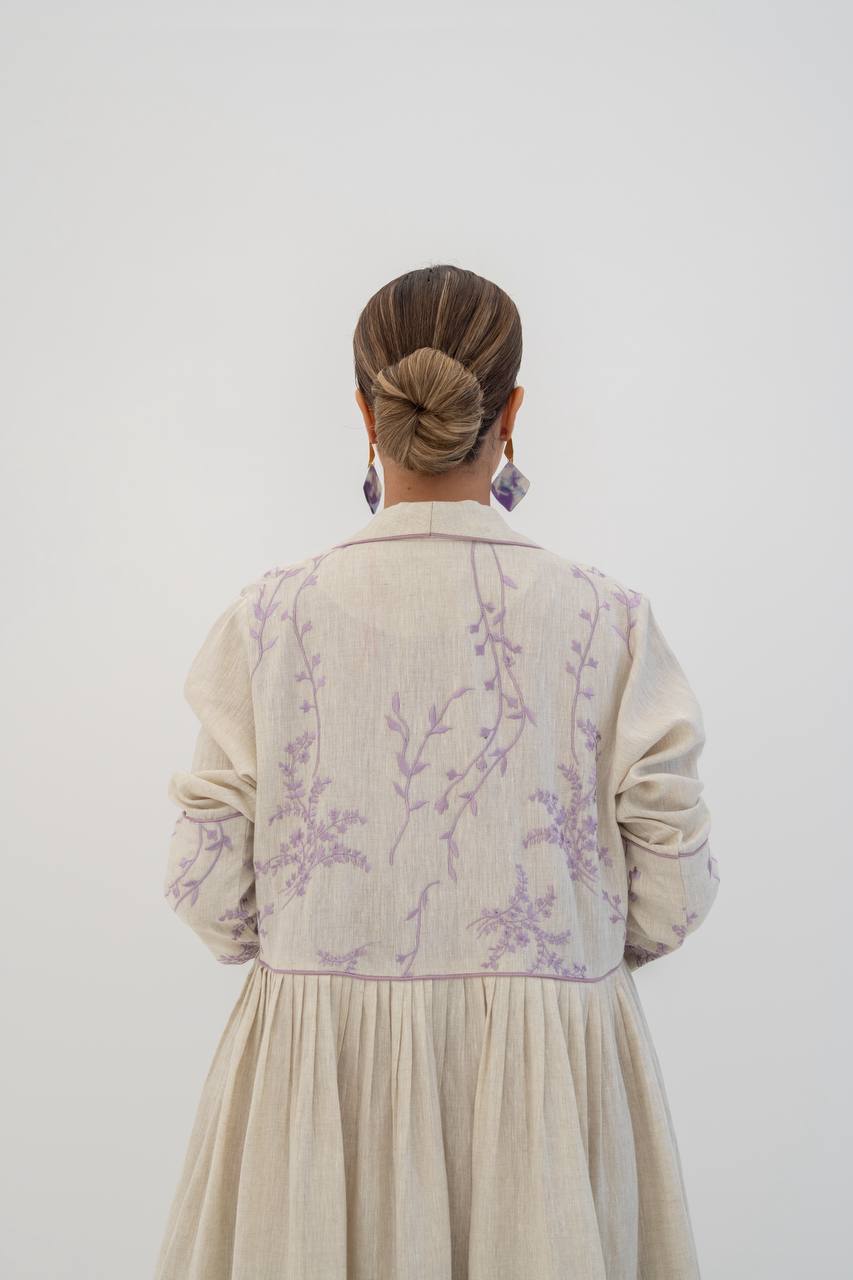 Beige linen abaya with embroidery. C:6786