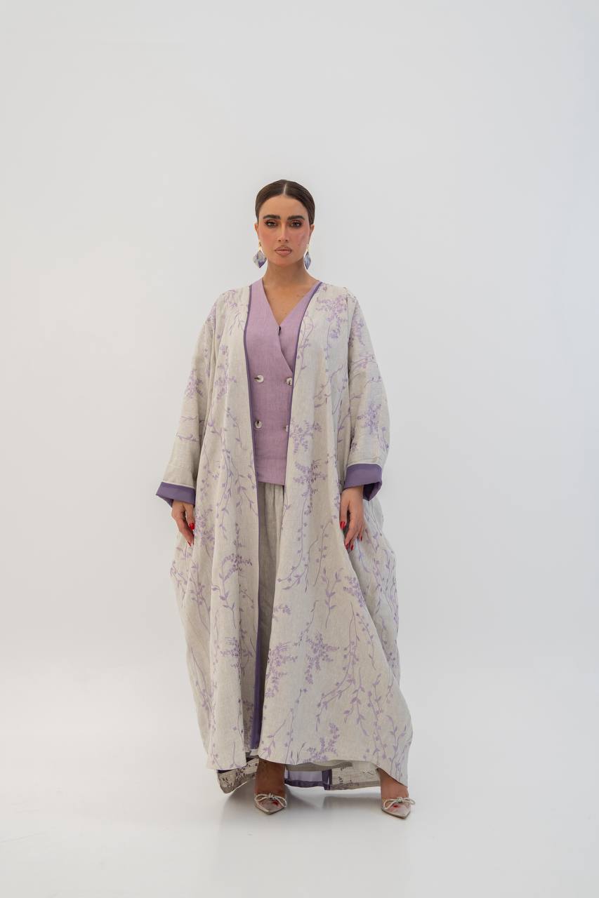 Beige linen abaya with embroidery. C:6784