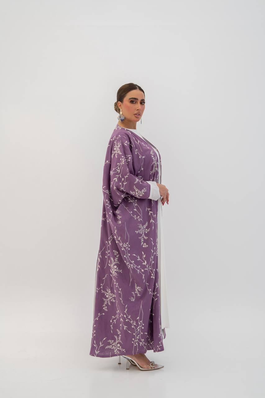 Linen abaya in purple with embroidery. C:6784