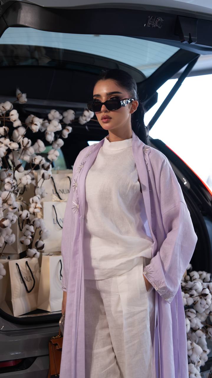 Light purple linen abaya with hand-stitched details. C:6790