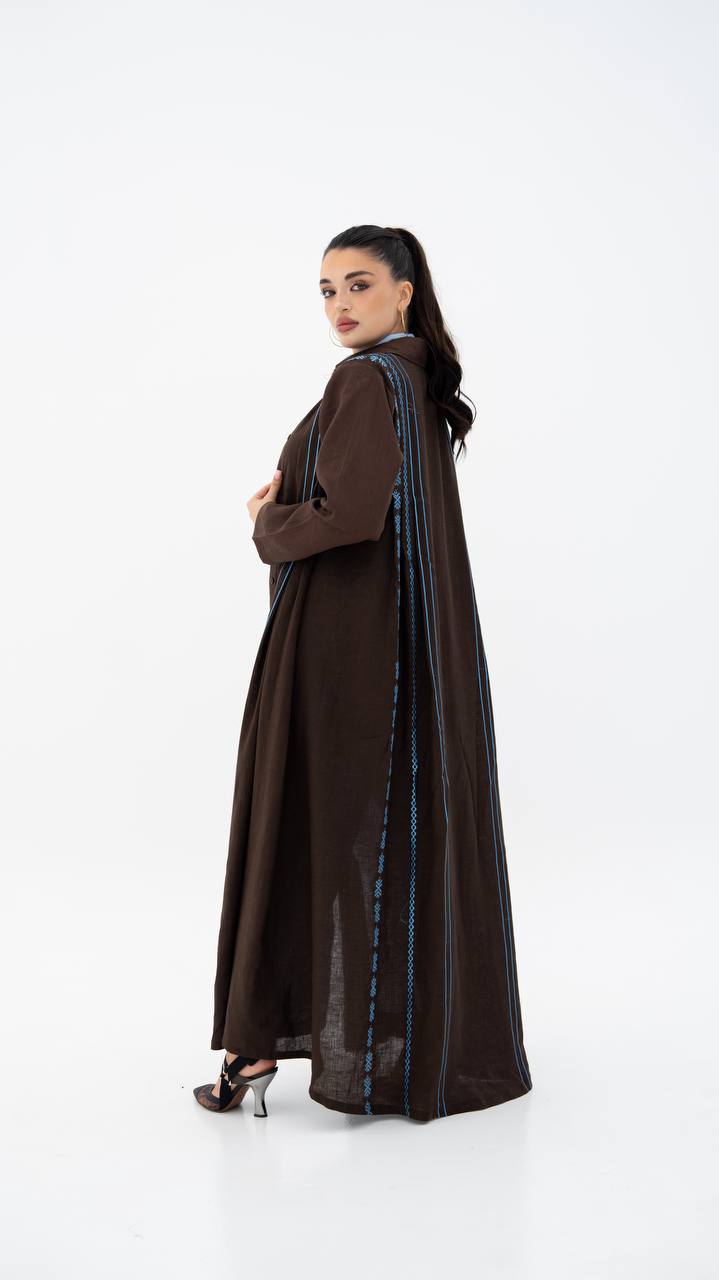 Linen abaya in brown with embroidery.C:6683
