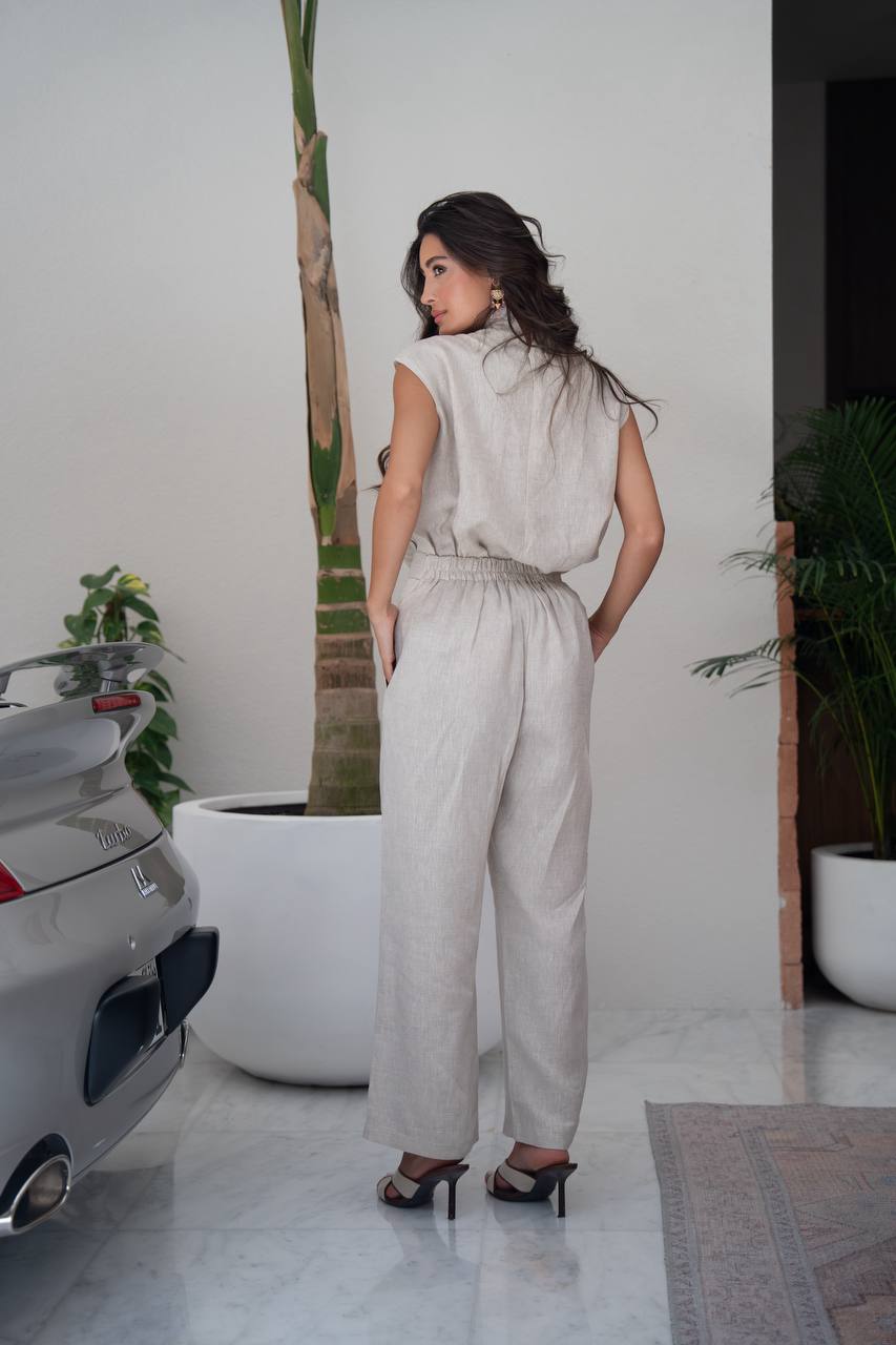 Beige linen blouse and pants set.C:240