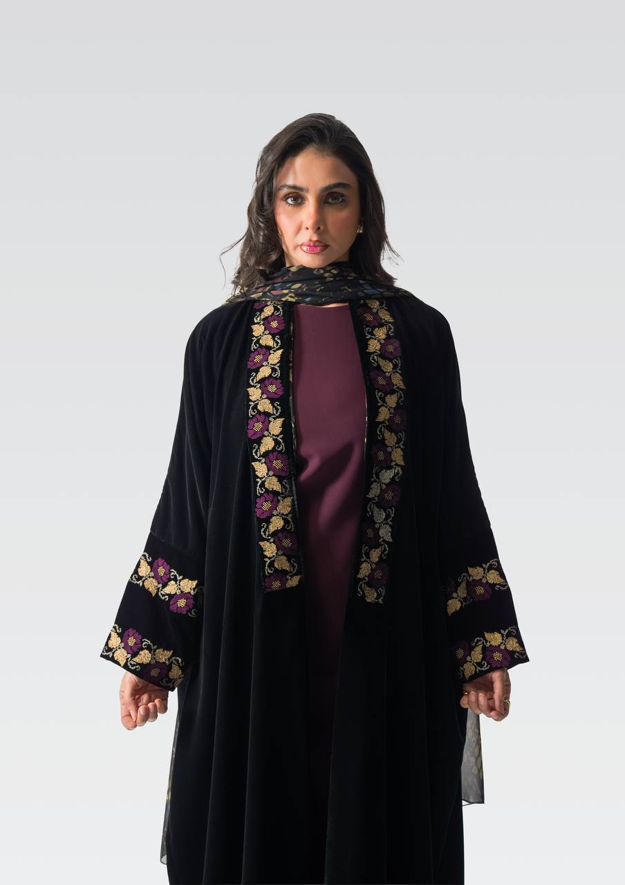 Black velvet bisht with embroidery.C:6833