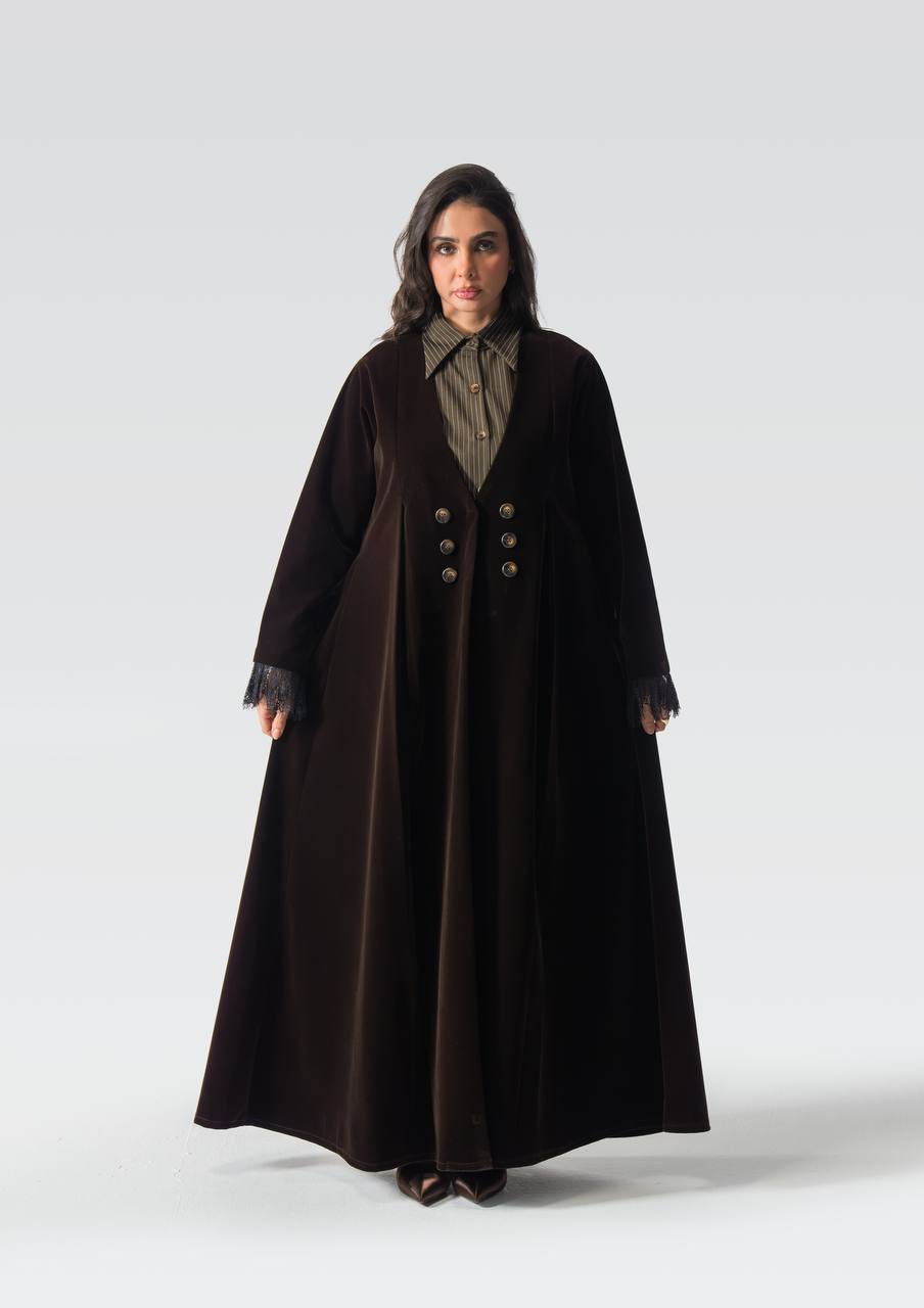 Velvet abaya with striped crepe and lace.C:6837