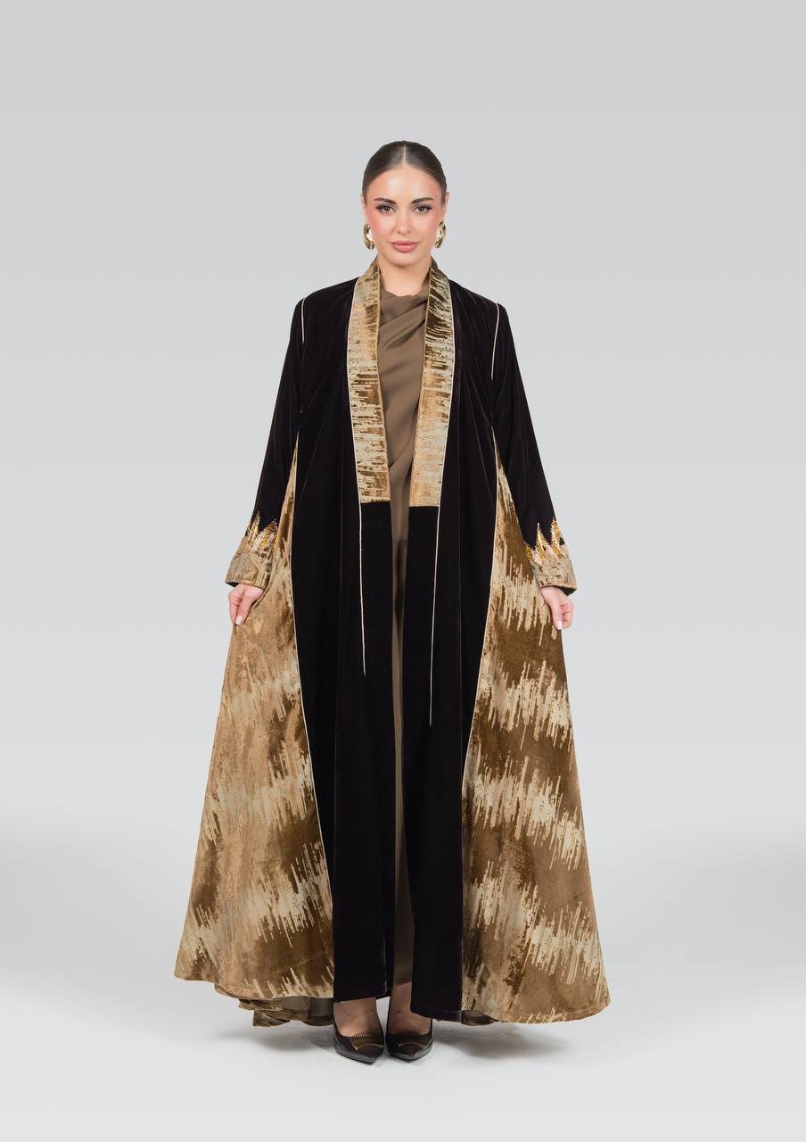 Velvet abaya with hand-beading.C:6838 Brown