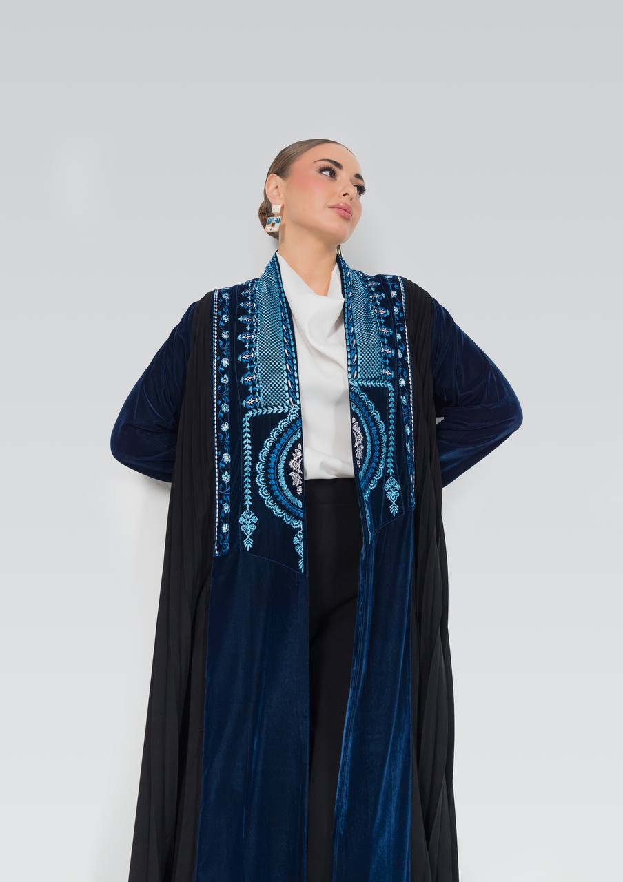 Velvet and crepe abaya with embroidery.C:6841