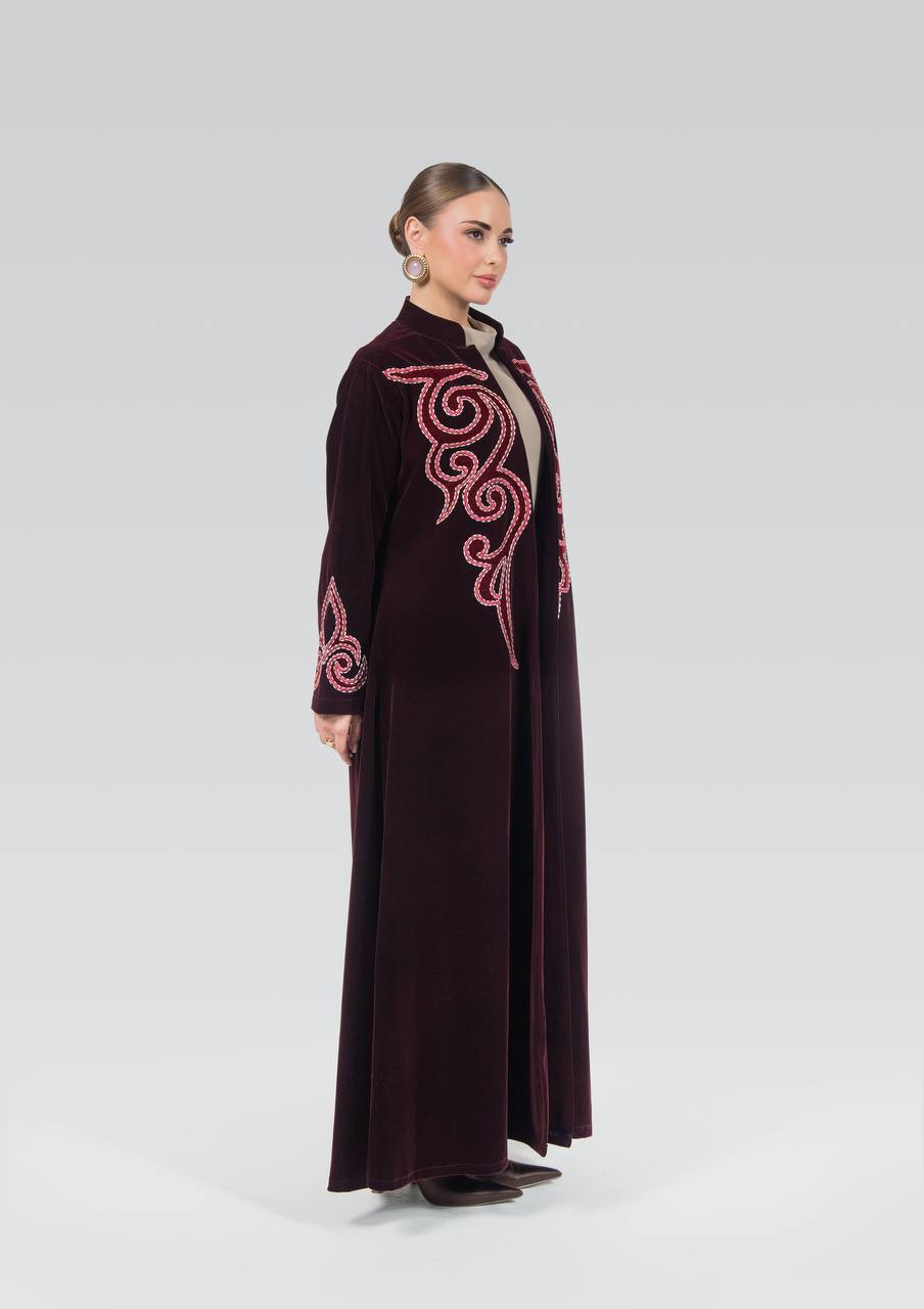 Burgundy velvet abaya with embroidery.C:6842