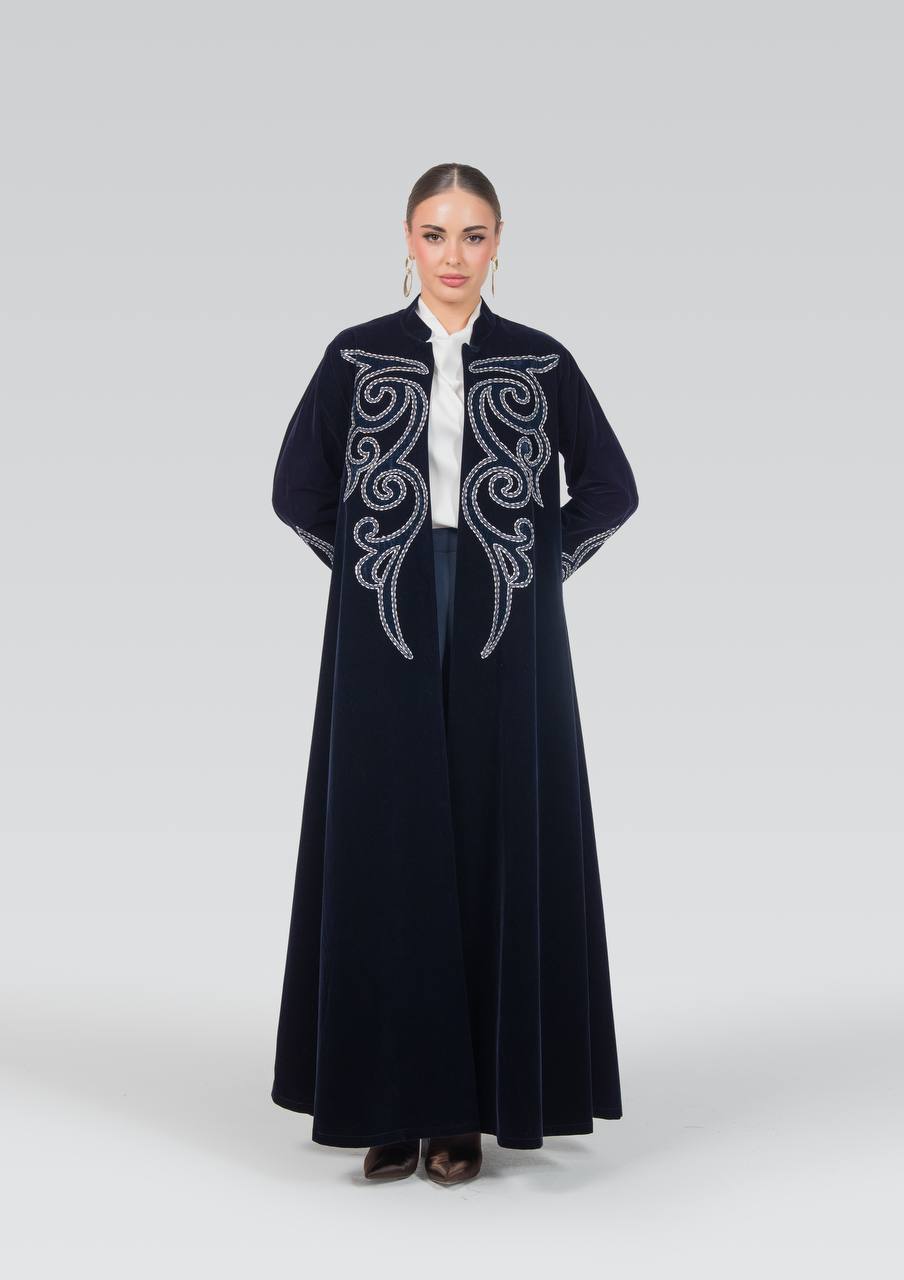Navy blue velvet abaya with embroidery.C:6842