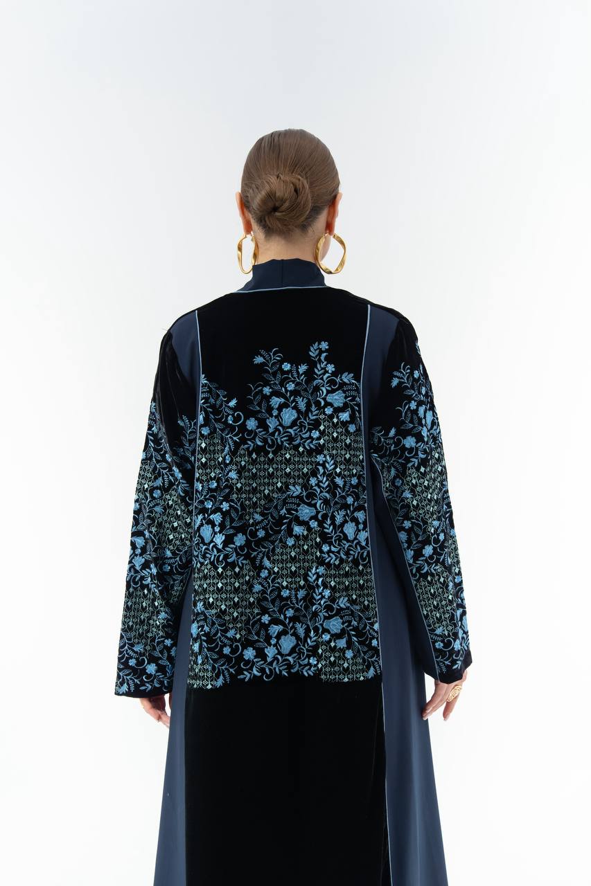 Embroidered velvet and crepe abaya.C:6835Blue