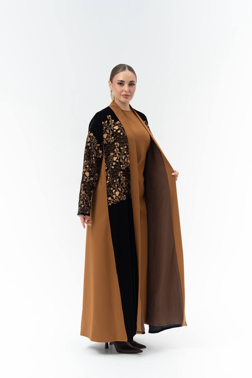 Embroidered velvet and crepe abaya.C:6835 Orange