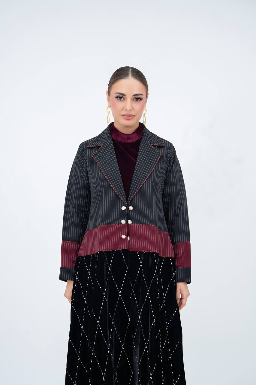 Striped crepe abaya with embroidered velvet.C:6848