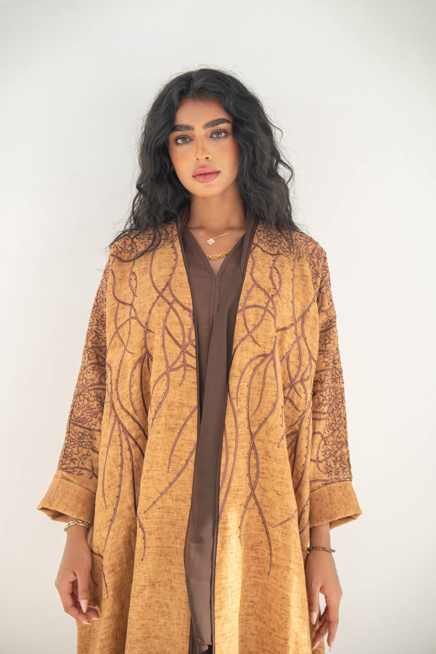 Brown linen bisht abaya with embroidery C:6648