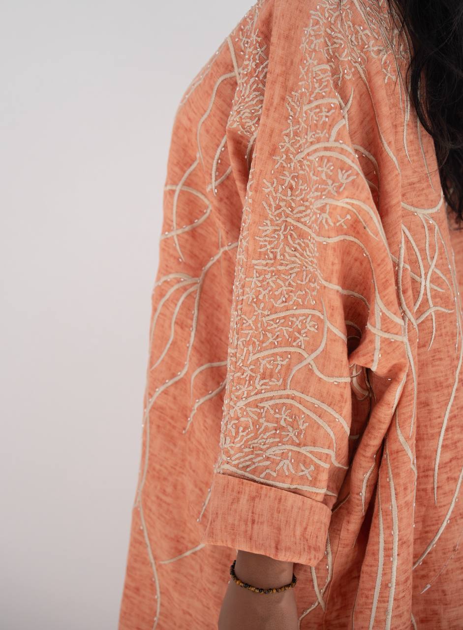 Orange linen bisht abaya with embroidery C:6648