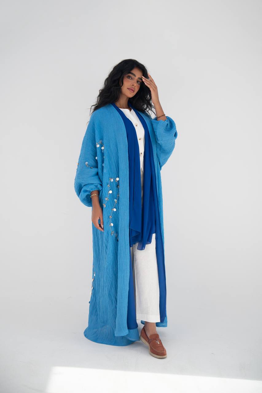 Blue linen abaya with hand embroidery C:6647