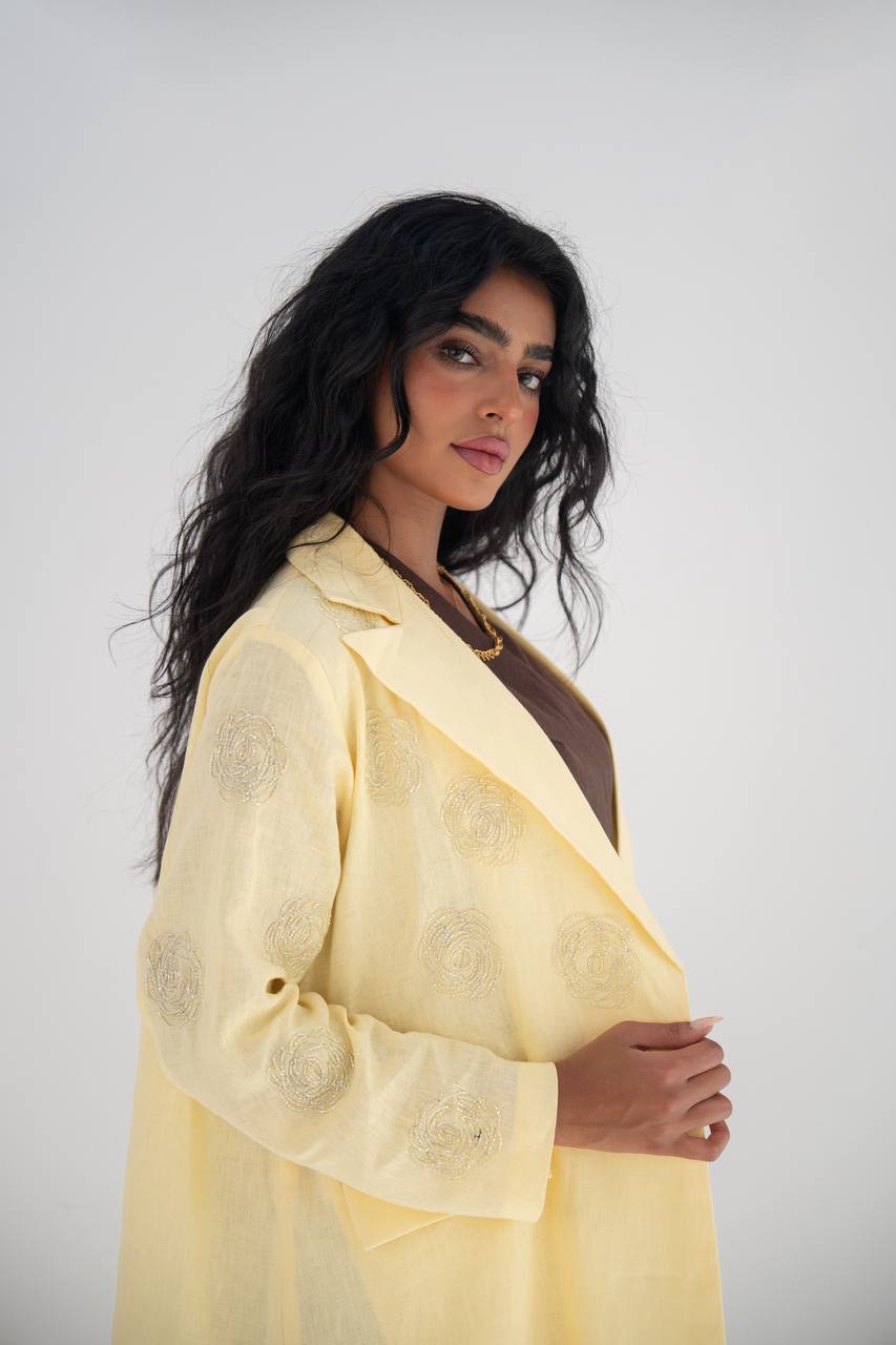 Butter yellow linen blazer abaya with hand embroidery C:6646