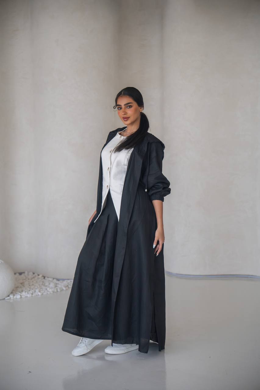 Black abaya with inner set, made of linen C:6634 Black