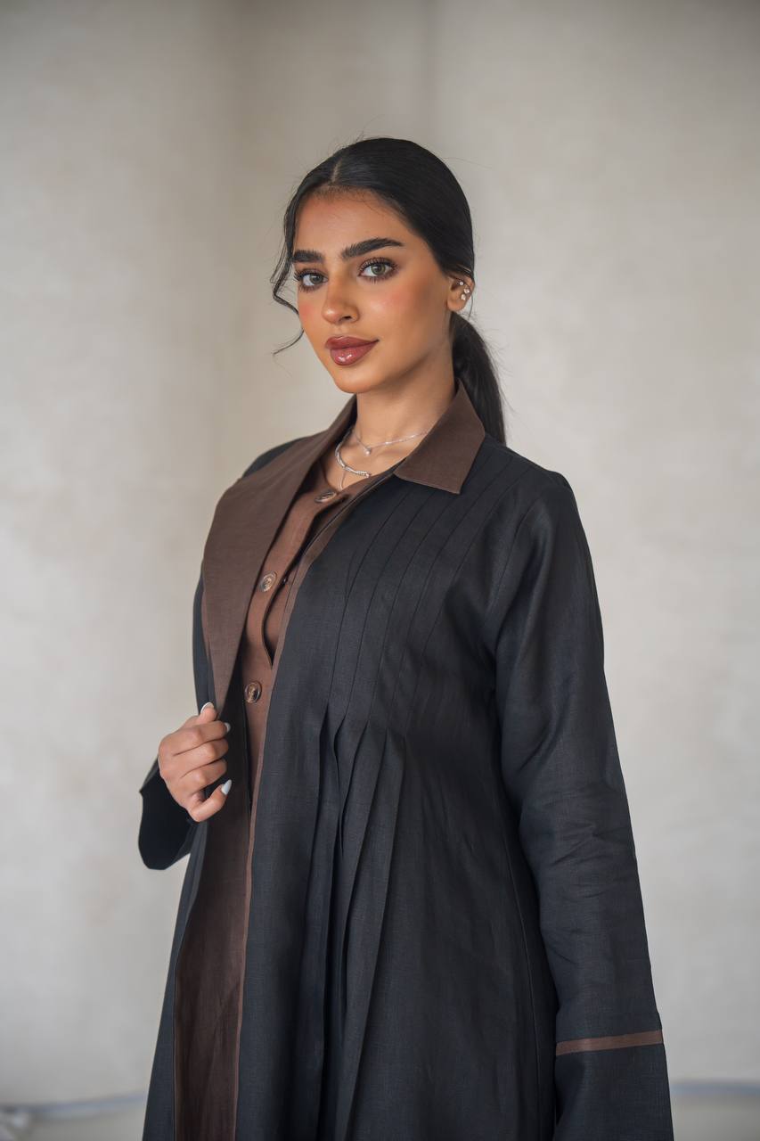 Black blazer abaya with inner set, made of linen C:6636 Black-Brown