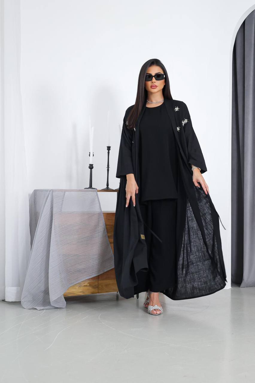 Free size black linen abaya with hand embroidery C:3026 Black (Free size)
