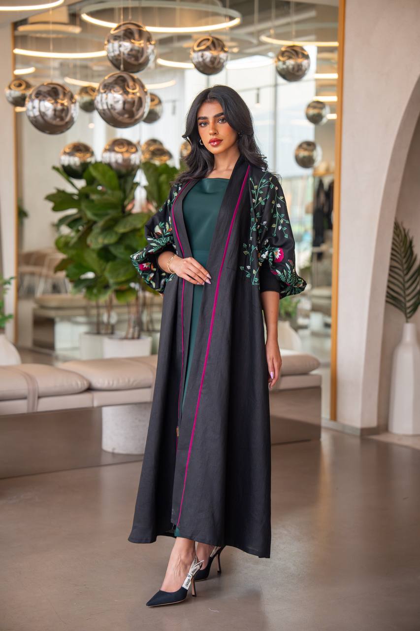 Free size black linen abaya with embroidery C:6631 GREEN (Free size)
