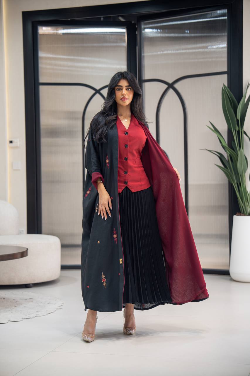 Black linen abaya with embroidery C:6622 Black (Free size)