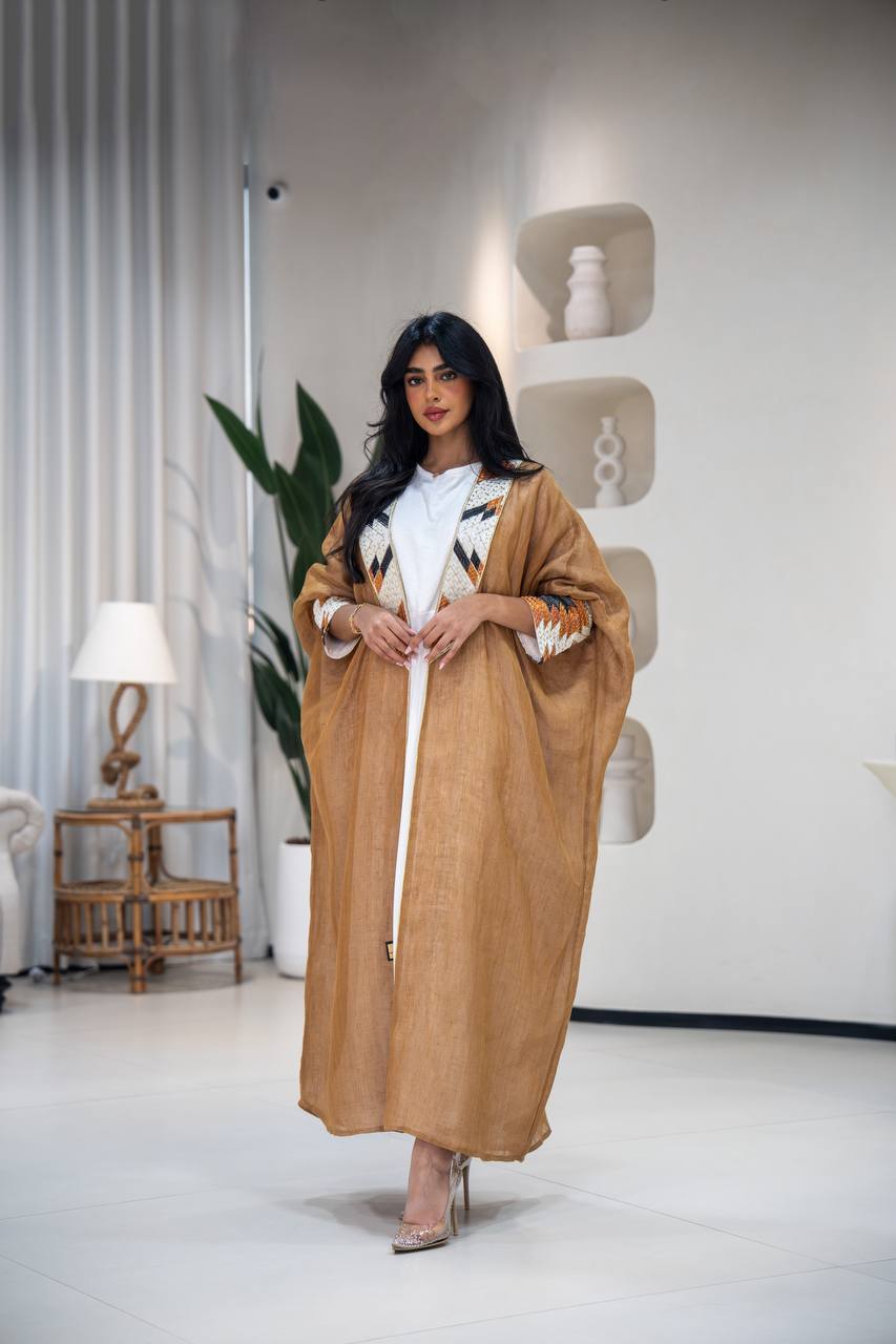 Camel-colored burlap bisht abaya with embroidery C:6621 (Free size)