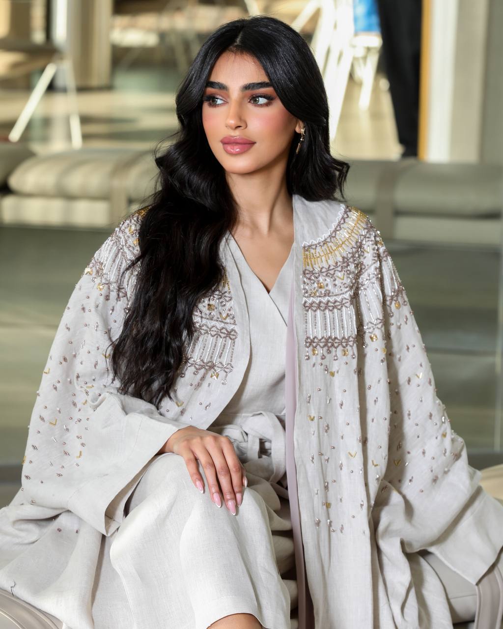 Light beige crepe abaya with hand embroidery C:6361 Beige