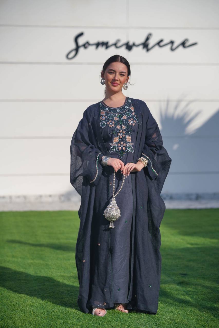 Bisht made of hessian material and linen dress, in navy blue with hand embroidery C:6619 (Free size)