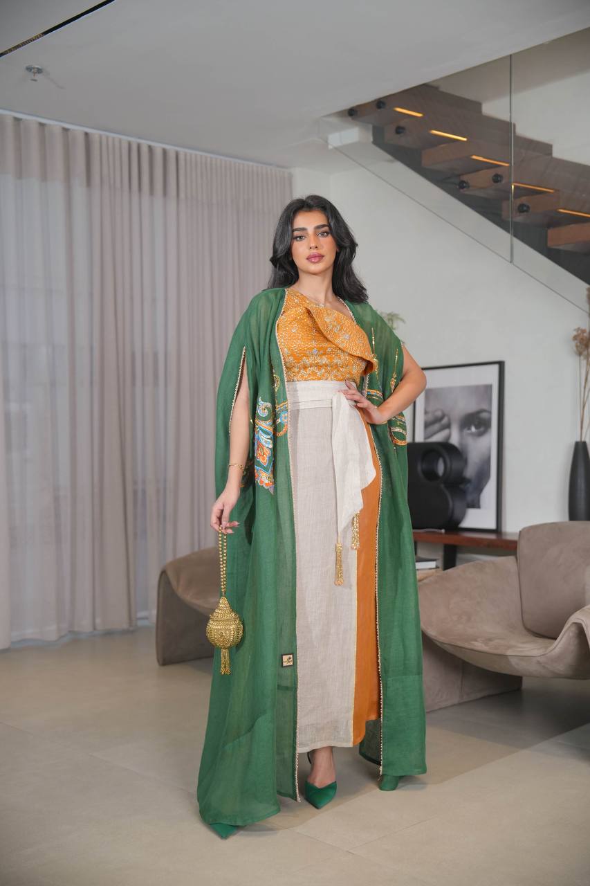 Green Bisht with beige linen dress with orange and embroidery C:6614