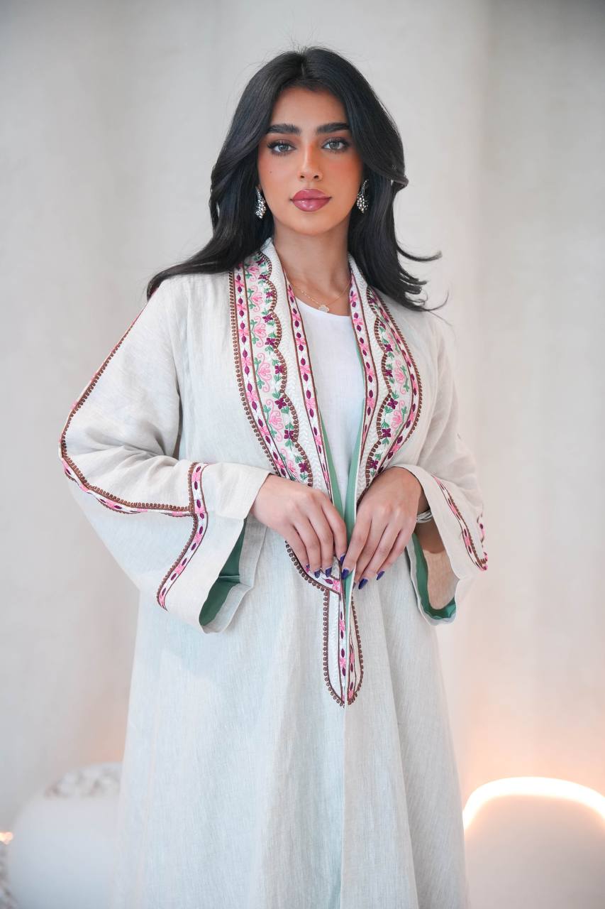 Linen abaya in light beige with embroidery C:6608