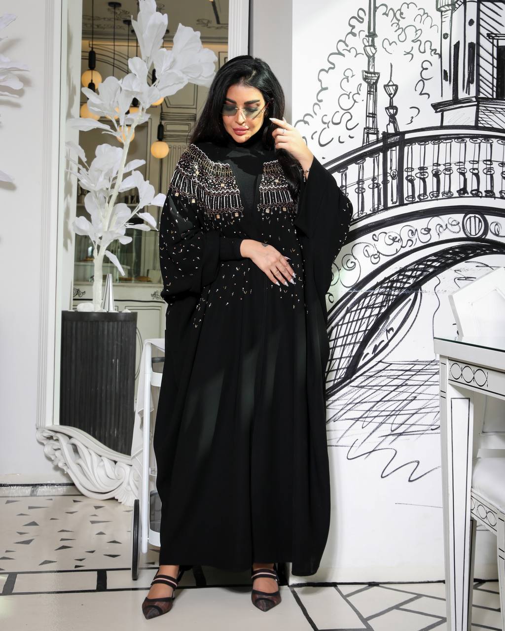 ABAYA BESHT CREPE WITH HANDMADE BEAT EMBROIDERY C:6361 (Free size)