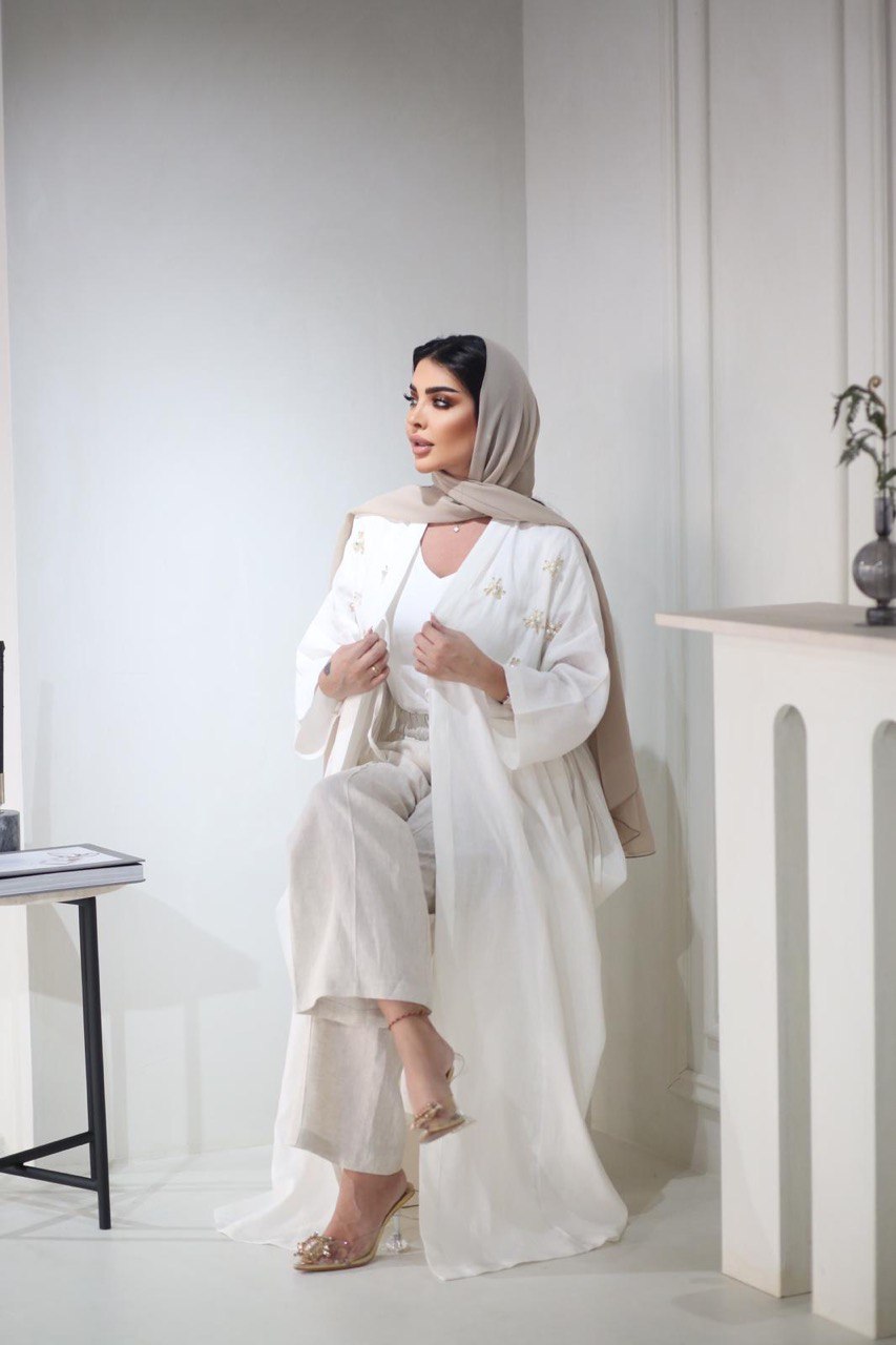 ABAYA LINEN WITH HANDMADE BEAT C;3026WHITE