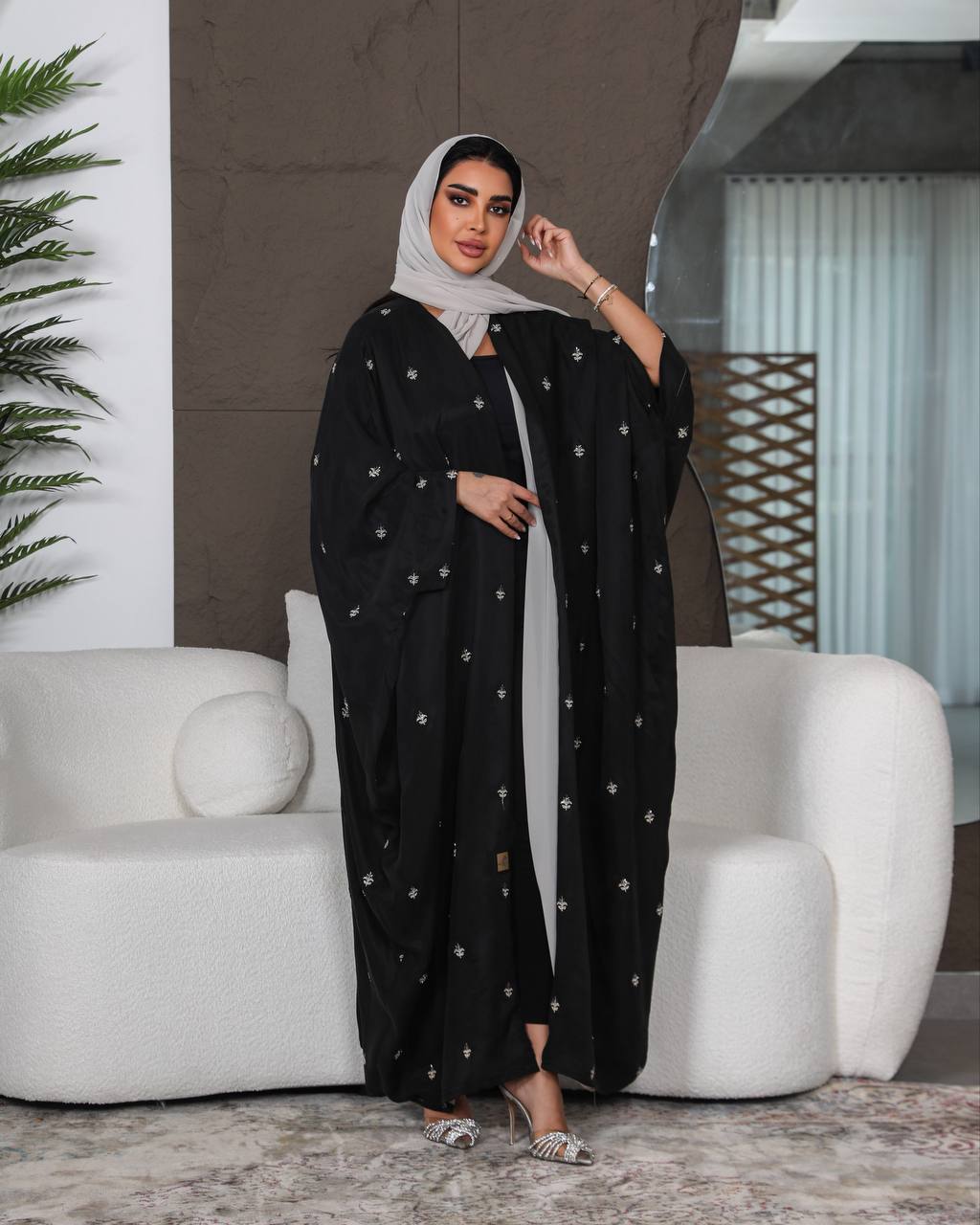 Light beige silk crepe abaya with embroidery C:6387 (Free size)