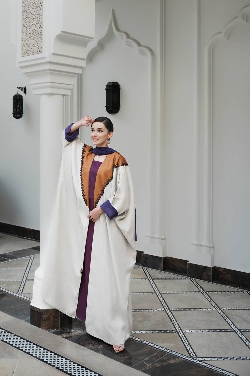 Linen abaya with satin in light beige color C:6599 (Free size)