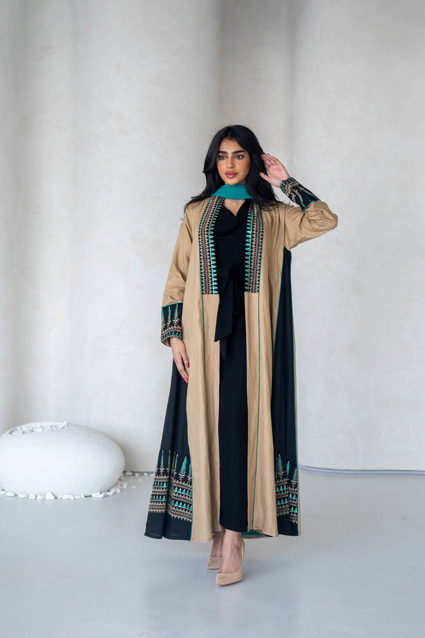 Linen beige abaya with embroidery C:6588 Beige
