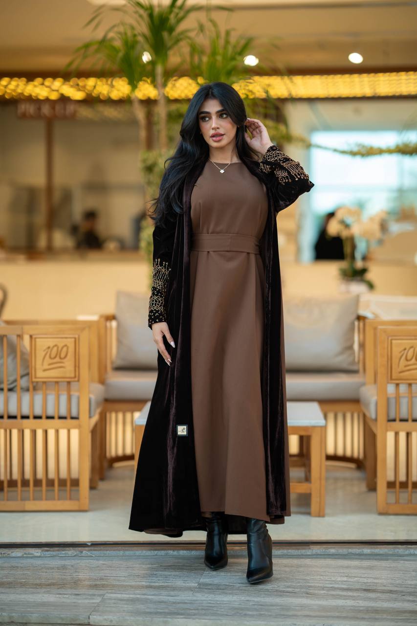 Black velvet abaya with brown crepe 6579