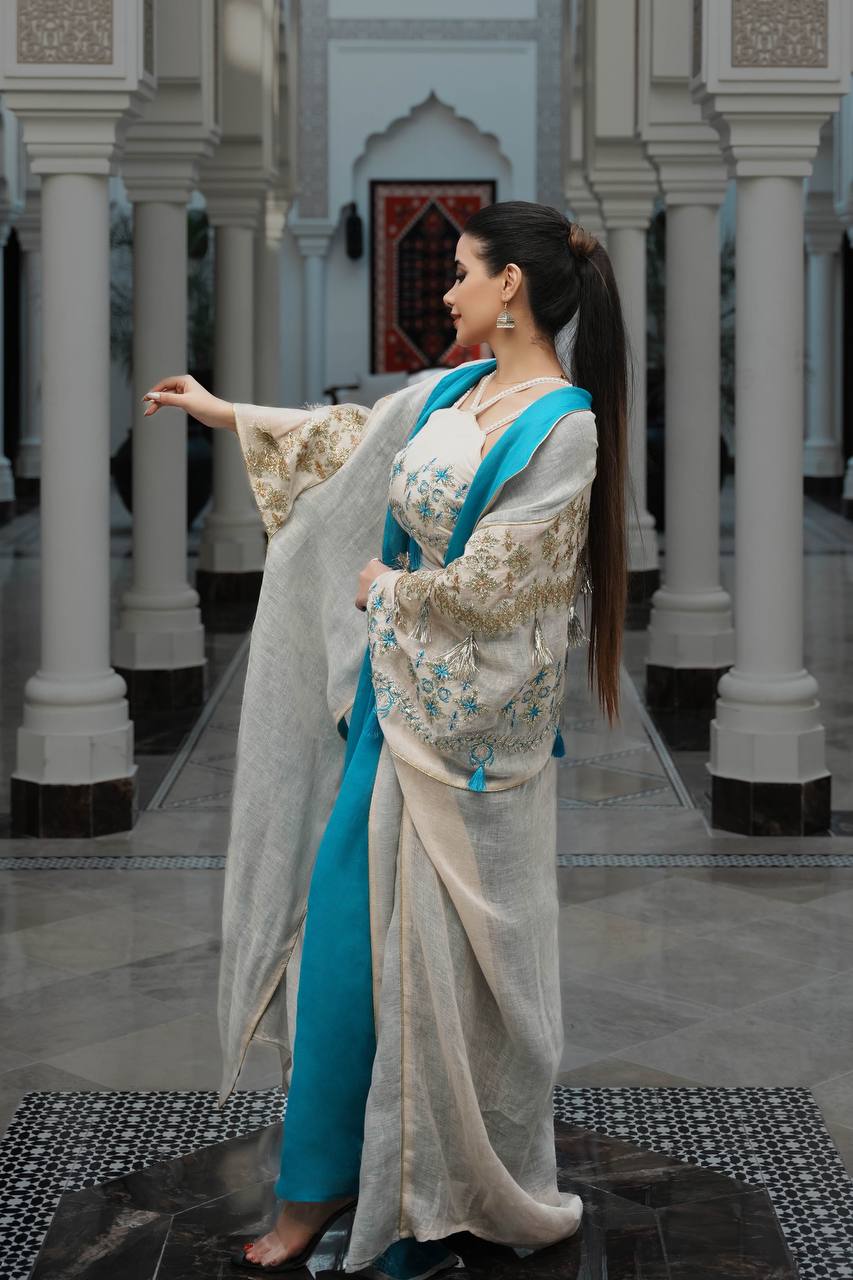 Abaya and dress with light beige hessian material C:6593 Beige