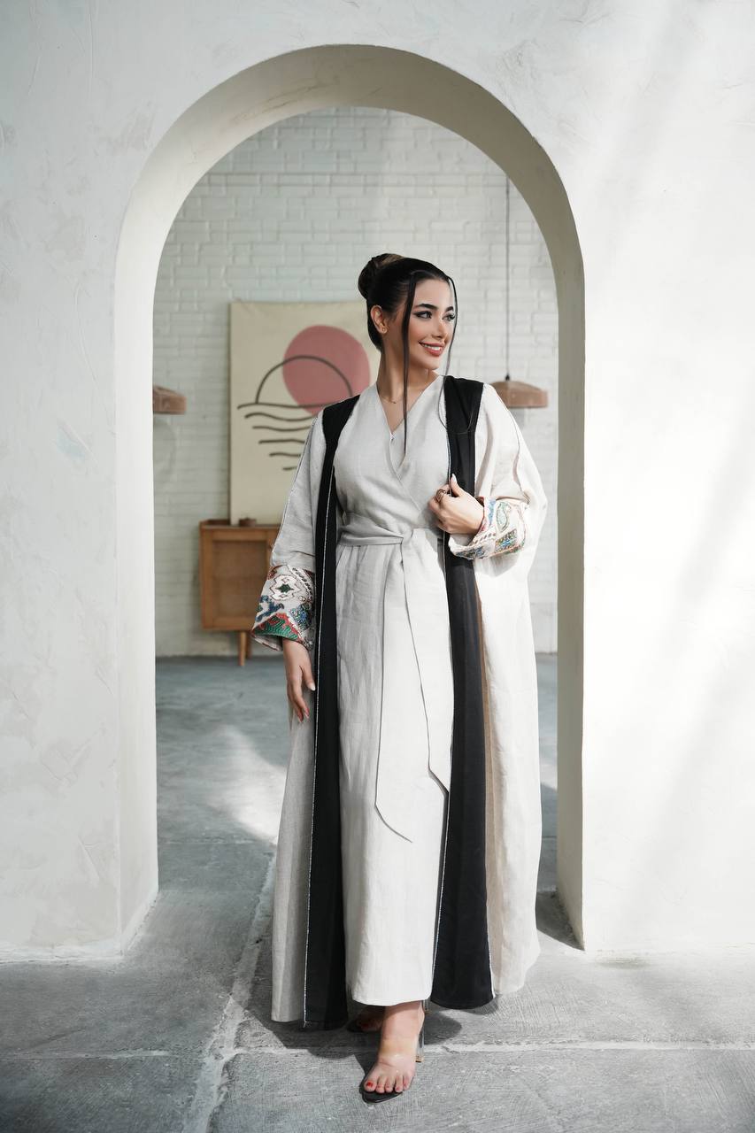 Light beige linen abaya with black inserts and embroidery C:6598