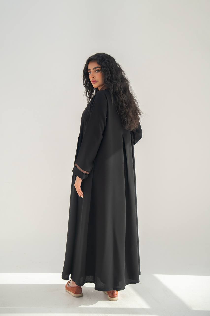 Black crepe blazer abaya with brown details C:6636 Black Crape
